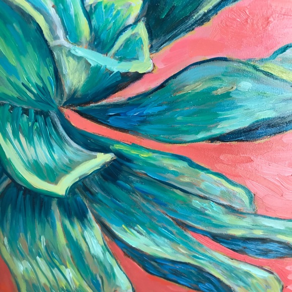 Succulent Botanical Oil Painting in Shades of Green and Coral Size 11” x 14” - Picture 4 of 7
